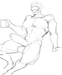 balls bara big_penis boner erection godot gyakuten_saiban male male_only monochrome muscles muscular nude penis scruffley solo solo_male