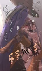 1boy against_wall armlet bar_censor blonde_hair blush boots bracelet breasts brown_boots brown_eyes brown_gloves brown_hair brown_hat brown_pants brown_shirt brown_thighhighs cape censored closed_mouth clothed_sex clothes_lift clothing_aside commentary_request cowboy_shot cum cum_in_pussy dragon_quest dragon_quest_x facing_away female from_behind gloves half-closed_eyes hat heavy_breathing height_difference heroine_(dq10) hinomiya_riyu jewelry kurouzu_(dq10) leg_up long_hair motion_lines orange_tunic pants pelvic_curtain penis pointless_censoring purple_cape pussy pussy_juice sex shirt short_hair silver_armlet silver_bracelet sleeveless sleeveless_shirt small_breasts sound_effects speed_lines straight sweat thighhighs trembling_legs tunic vaginal_penetration