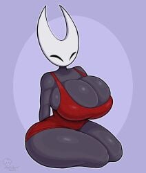 2025 2_horns absurd_res arthropod artist_logo artist_name big_breasts biped black_body black_eyes breasts cleavage clothed clothing female hi_res hollow_knight horn hornet_(hollow_knight) huge_breasts logo mehdrawings on_ground solo team_cherry text thick_thighs white_head