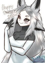 animal_ear_fluff animal_ears artist_name bare_shoulders borrowed_character bottomless breasts character_name claws cleavage closed_mouth dya_rikku_(vtuber) english_text female fox_ears fox_tail furry hand_up long_hair looking_at_viewer medium_breasts monochrome navel simple_background smile solo tail very_long_hair vyugen white_background white_skin wolf_ears wolf_tail