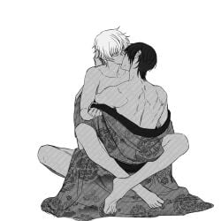 1boy 1girls ambiguous_penetration back_muscles barefoot canon_genderswap feet female genderswap_(mtf) ginko_sakata gintama gintoki_sakata hand_on_another's_head implied_sex japanese_clothes kissing leg_lock male monochrome muscular muscular_male no_visible_genitalia nude_female off_shoulder rule_63 socincol takasugi_shinsuke