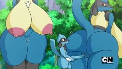 1boy 2girls fat_thighs furry horny_female huge_areolae huge_ass huge_thighs imminent_sex imminent_vaginal larger_female long_breasts lucario lucario_(female) male/female oblivious riolu size_difference smaller_male tanbagel_ vaginal_fluids