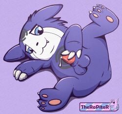 absurd_res anthro appmon_(species) ass balls bandai_namco bodily_fluids digimon digimon_(species) dripping genital_fluids genitals hi_res male male_only nude offmon pawpads paws penis precum simple_background solo therapitor touching_penis