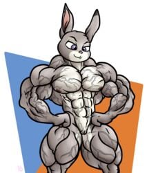 1girls 2016 abs anthro biceps disney extreme_muscles female female_only flat_chested judy_hopps lagomorph mammal muscular muscular_female navel nipples nude pose pussy rabbit smile solo stx70 vein zootopia