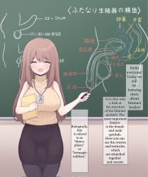 1futa 1maleherm 2023 ambiguous_hermaphrodite anatomical_diagram anatomy balls bangs big_breasts big_penis black_legwear black_pantyhose black_skirt blush book breasts brown_hair bulge chalkboard closed_eyes clothed clothing cuntboy diagram dialogue english_text feet_out_of_frame flaccid full-package_cuntboy full-package_futanari fully_clothed futa_only futanari herm hermaphrodite holding horny human id_card intersex lanyard large_breasts light-skinned_futanari light_skin long_hair male maleherm measurements minishell multi_genitalia notes_translation open_mouth pantyhose pencil_skirt penis pointer presentation presenting pussy sex_education sex_education_(netflix) shirt_tucked_in skirt smile solo standing sweater teacher text translated turtleneck yellow_sweater
