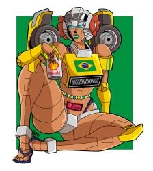 arcee blue_eyes brazilian brazilian_arcee_(ravage41) brazilian_flag brazilian_miku_(cosplay) cybertronian flip_flops green_lipstick holding_object legs legs_spread oil_can ravage41 robot robot_girl sfw shades sitting smiling tan_body tan_skin toes transformers