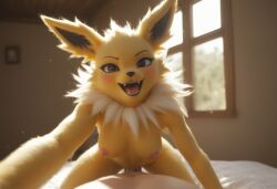 ai_generated anthro anthropomorphic beautiful bedroom big_breasts breasts breeding_request cowgirl_position cum_in_pussy cum_inside female fox fox_girl fucking fur furry furry_female furry_only generation_1_pokemon handjob impregnated impregnation_request in_heat intercourse interspecies inviting_to_sex jolteon looking_at_viewer on_knees pokémon_(species) pokemon pokemon_(species) reaching_towards_viewer seductive seductive_look seductive_smile sexy sexy_body sexy_pose tits_out wet_pussy
