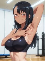 ai_generated armpit_fetish armpits armpits_fetish big_ass big_breasts black_hair breasts bubble_ass bubble_butt cameltoe female female_focus fit fit_female gym gym_clothes gym_uniform hand_behind_head hayase_nagatoro indoors kikia1 long_hair looking_at_viewer please_don't_bully_me,_nagatoro presenting_armpit skinny slim_girl spread_armpit standing tan_body tanline tight_clothing