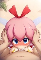 1boy 1girls ai_generated beach blowjob cum_in_mouth fellatio golden_bikini hands_on_head kirby_(series) kirby_64 kirby_64:_the_crystal_shards ribbon_(kirby)