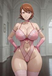 ai_generated big_breasts breasts buk1t0 choker hands_on_hips highleg_lingerie light_brown_hair lingerie mansion naughty_face persona_3 pink_outfit pubic_hair shorts slutty_clothes yukari_takeba