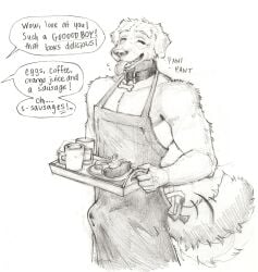 akatan_art anthro apron apron_only beverage bird_dog bodily_fluids breath canid canine canis closed_eyes clothing coffee coffee_mug collar container cup domestic_dog dripping egg english_text erection erection_under_clothing food food_tray genital_fluids glass glass_container glass_cup golden_retriever graphite_(artwork) hi_res holding_object holding_tray hunting_dog juice_(beverage) male mammal meat muscular muscular_male panting partially_clothed_male praise praise_kink precum precum_drip retriever sausage smile solo standing tail tail_motion tailwag teeth text tongue tongue_out traditional_media_(artwork) tray