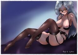athy_(vtuber) bare_breasts garter_belt garter_straps glasses guy_c_lykos leggings lingerie mole_on_breast mole_under_eye undone_bra vtuber