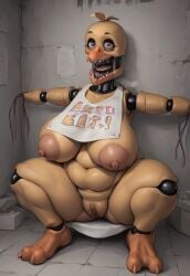 1girls against_wall ai_generated animatronic anthro areola areolae avian big_areola big_areolae big_breasts breasts breasts_apart chubby female five_nights_at_freddy's five_nights_at_freddy's_2 handless huge_breasts mature mature_female milf nipples pussy robot_joints sagging_breasts slightly_chubby squatting unknown_artist withered_chica yellow_body yellow_skin