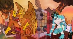 3_toes 4_toes 5_fingers abs anthro avian balls barefoot beak brown_body building building_destruction burning burning_building carpo catching city city_background city_destruction cityscape claws delicatessen destruction dragon duo erection extreme_size_difference feathered_wings feathers feet finger_claws fingers fire genitals gryphon hair hi_res house humanoid_genitalia humanoid_penis kick landscape_dwarfing macro macro_anthro macro_male male micro_prey muscular muscular_anthro muscular_male mythological_avian mythological_creature mythological_scalie mythology nude open_mouth outside pawpads paws penile penis pyronite(commissioner) rampage scalie schism size_difference sky smile smoke tail toe_claws toes white_body wings