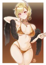 1girls bikini citrinne_(fire_emblem) female fire_emblem fire_emblem_engage gold_bikini revolverwingstudios swimsuit