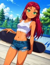 2025 ai_generated belly cartoon_network dcau deviantart elryusam green_eyes holding_skateboard meta not_porn orange_body orange_cheeks orange_skin red_eyebrows red_hair ripped_shorts short_jeans skate_park starfire_(teen_titans) teen_titans tummy white_top