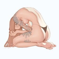 arm_tattoo ass back barefoot bent_back black_panties blonde_hair blue_background breasts chainsaw_man dimples_of_venus feet female from_side full_body head_down highres horns kneeling leg_tattoo long_hair looking_at_viewer looking_back mawaw panties power_(chainsaw_man) red_horns ringed_eyes shoulder_tattoo sideboob simple_background small_breasts soles solo tattoo thighs thong toes topless_female underwear yellow_eyes