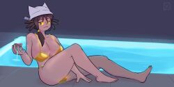 alcohol animal_humanoid anthro beverage big_breasts bikini breasts cat_humanoid clothing container cup drinking_glass e-rar403 felid felid_humanoid feline feline_humanoid female glass glass_container glass_cup gold_bikini hat headgear headwear humanoid mammal mammal_humanoid niko's_mom niko's_mom_(oneshot) oneshot pinup pool poolside pose simple_background smug solo swimwear two-piece_swimsuit wine_glass yellow_eyes