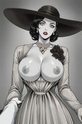 ai_generated alcina_dimitrescu big_breasts black_hair breasts dark_hair dark_nipples dress earrings elegant elegant_dress elegant_female exposed_breasts faprunner78 grey_nipples hat hips huge_breasts lipstick looking_at_own_breasts mature_female natural_breasts necklace nipples pale-skinned_female pale_skin resident_evil resident_evil_8:_village short_hair slim_girl slim_waist vampire vampire_girl waist white_dress wide_hips yellow_eyes