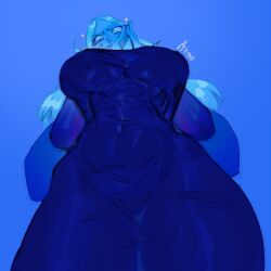 1girls blue_background blue_diamond_(steven_universe) blue_dress blue_hair blue_hair_female blue_skin female from_behind huge_breasts solo steven_universe teguimor tight_clothing tight_dress