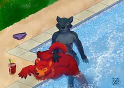 alphasabre anthro canine fur grey_fur male_only mammal nude one_eye_closed outdoors pool red_fur rowan sabre_(alphasabre) sex spread_legs spreading swimming_pool vampire wink wolf