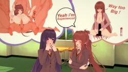 3d bragging coral_brown_hair dildo doki_doki_literature_club edit edited expectation_vs_reality gangbang green_eyes koikatsu monika_(doki_doki_literature_club) nervous nervous_smile pajama_pants pajama_shirt pajamas purple_eyes purple_hair thought_bubble too_big yuri_(doki_doki_literature_club)