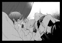 2boys black_hair blush book ciel_phantomhive commentary earrings eyelashes fingernails greyscale highres jewelry kurosh00kie kuroshitsuji male male_focus monochrome multiple_boys oral pillow sebastian_michaelis sweat yaoi