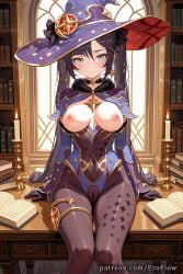 1girls 2025 ai_generated black_gloves black_hair blue_headwear blue_leotard blush bodystocking book bookshelf breasts breasts_out cameltoe candle choker closed_mouth detached_sleeves earrings eroflow genshin_impact gloves gold_trim hat hat_ornament hi_res highleg highleg_leotard highres hoyoverse indoors jewelry large_breasts leotard long_hair looking_at_viewer medium_breasts mihoyo mihoyo_technology_(shanghai)_co._ltd. mona_(genshin_impact) mona_(genshin_impact)_(cosplay) nipples pantyhose patreon purple_hair sitting solo star_(symbol) star_earrings thighlet twintails voluptuous voluptuous_female witch_hat