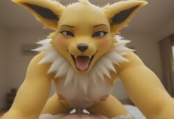 ai_generated anthro anthropomorphic beautiful bedroom big_breasts breasts breeding_request cowgirl_position cum_in_pussy cum_inside female fox fox_girl fucking fur furry furry_female furry_only generation_1_pokemon handjob impregnated impregnation_request in_heat intercourse interspecies inviting_to_sex jolteon looking_at_viewer on_knees pokémon_(species) pokemon pokemon_(species) reaching_towards_viewer seductive seductive_look seductive_smile sexy sexy_body sexy_pose tits_out wet_pussy