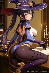 1girls 2025 ai_generated ass bangs black_gloves black_hair blue_leotard blush book breasts breasts_out candle closed_mouth detached_sleeves earrings elbow_gloves eroflow female genshin_impact gloves gold_trim hat hi_res high_heels highleg highleg_leotard highres hoyoverse jewelry large_breasts leotard long_hair looking_at_viewer looking_back medium_breasts mihoyo mihoyo_technology_(shanghai)_co._ltd. mona_(genshin_impact) mona_(genshin_impact)_(cosplay) nipples oshiri pantyhose patreon solo star_(symbol) star_earrings thighlet thighs twintails vision_(genshin_impact) voluptuous voluptuous_female witch_hat