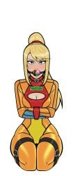 1female 1girls alternate_costume ball_gag bdsm_collar bondage bondage_outfit boob_window collar embellished_ball_gag female gag gagged latex latex_bodysuit latex_clothing leather_straps legbinder metroid nintendo numbered_tag ponytail samus_aran straitjacket varia_suit wossarem