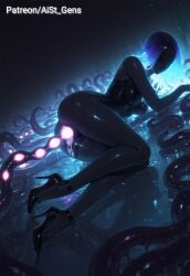 ai_generated aist_ black_body black_skin blue_hair faceless glowing_egg glowing_hair high_heels no_eyes original tentacle tentacle_egg_implantation tentacle_in_pussy tentacle_ovipositor tentacle_penetration