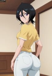 1girls ai_generated anime anime_style artist_logo artist_name ass ass_focus big_ass big_butt black_hair bleach bleach:_the_thousand-year_blood_war bleach_brave_souls female female_only hands_on_bed kuchiki_rukia looking_at_viewer looking_back pants purple_eyes shinigami solo solo_female soulmantm thick_thighs tight_pants white_body white_skin