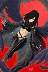 artcetona beelstarmon cameltoe claws digimon digimon_(cosplay) feathered_wings feathers gravity_rush leather leather_clothing leather_pants leather_topwear long_hair low_cut_pants midriff raven_(gravity_rush) top two_tone_hair underboob zipper