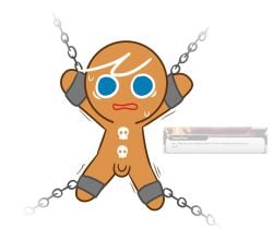 1boy 2025 animate_inanimate ballsack blue_eyes brown_body chained_up chains cookie cookie_run cookie_run_kingdom cookie_run_ovenbreak flaccid_penis genitals gingerbrave gingerbread_man kuwoesque male male_only motion_lines naked naked_male no_humans non-human non-human_only penis restrained scared skull_symbol small_balls small_penis solo solo_male sweat sweating tagme testicles tiny_penis tremble_lines trembling white_background