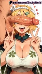 1boy 1girls 2025 \m/ ai_generated artist_name breasts bust chest cock covered_nipples dick electroworld erection exposed_nipples female green_eyes hanabi_(senran_kagura) heart hi_res high_quality high_resolution highres large_penis male_pubic_hair nipples nipples_outside open_mouth patreon patreon_username penis penis_awe penis_on_face precum pubic_hair see-through senran_kagura senran_kagura_(series) stable_diffusion straight testicles tongue tongue_out uncensored v w watermark wet wet_clothes