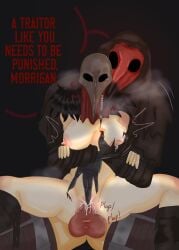 balls bigger_male blood_drip blood_play bondage boobs_pressed clawed_fingers claws cnc cum_in_pussy dominant_male empty_eyes erect_nipples erect_penis feathers huge_breasts huge_cock hunt_showdown lactating lactation mask masked_female masked_male masked_men morrigan pain penis punishment red_mask revenge_sex scary scrapbeak submissive_female tears white_skin