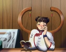 1girls absurd_res absurdres asian asian_clothing asian_female bbw big_breasts blush book boruto:_naruto_next_generations brown_eyes brown_hair busty clothed clothing desk ear_piercing earrings female female_focus female_only fully_clothed hair_buns hi_res high_resolution highres huge_breasts jewelry large_breasts light-skinned_female light_skin long_fingernails long_nails mature mature_female milf nail_polish naruto naruto_(series) nose_blush oppai painted_nails pale-skinned_female pale_skin pentarott pink_nail_polish pink_nails reading reading_book shonen_jump shounen_jump shueisha sitting solo solo_female solo_focus tenten tied_hair very_high_resolution voluptuous voluptuous_female weekly_shonen_jump weekly_shounen_jump