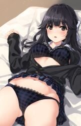 1girls bed bed_sheet black_bra black_cardigan black_eyes black_hair black_skirt blunt_bangs blush bra breasts cardigan clothes_lift commentary_request highres long_hair long_sleeves looking_at_viewer lying navel on_back on_bed open_cardigan open_clothes open_mouth original panties pillow plaid_bra plaid_clothes plaid_panties plaid_skirt pleated_skirt skirt skirt_lift solo stomach thighs unasaka_ryou underwear uniform