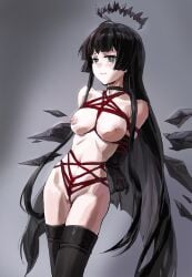 a_tea arknights arms_behind_back black_eyes black_gloves black_hair black_thighhighs bondage bondage bondage bound breasts choker covered_navel crotch_rope elbow_gloves female gloves highres long_hair looking_at_viewer medium_breasts nipples sidelocks skindentation smile standing thighhighs very_long_hair virtuosa_(arknights)