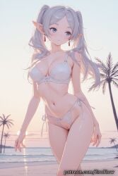 1girls 2025 ai_generated beach blue_eyes blush bra breasts cleavage collarbone crotchless crotchless_panties earrings elf elf_ears eroflow female female_only frieren hi_res highres jewelry long_hair looking_at_viewer looking_away looking_to_the_side navel outdoors palm_tree panties pantsu parted_bangs parted_lips patreon pointed_ears pointy_ears pussy side-tie_panties solo sousou_no_frieren stomach tree twintails underwear underwear_only voluptuous voluptuous_female white_bra white_hair white_panties