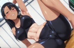 ai_generated armpit_fetish armpits big_ass big_breasts black_hair breasts bubble_ass bubble_butt cameltoe female female_focus fit fit_female from_below gym gym_clothes gym_uniform hand_behind_head hayase_nagatoro indoors kikia1 long_hair looking_at_viewer please_don't_bully_me,_nagatoro sitting skinny slim_girl spread_legs tan_body tanline tight_clothing