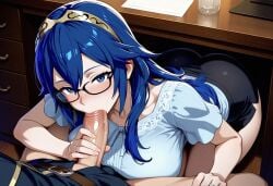 ai_generated blowjob desk fire_emblem glasses large_ass large_breasts large_penis lucina_(fire_emblem) office office_lady penis under_desk