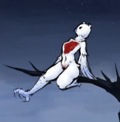 abnormality_(project_moon) alexleviafan anthro avian beak bird digital_media_(artwork) feathered_wings feathers female genitals lobotomy_corporation looking_up monster nude project_moon punishing_bird sharp_teeth simple_background sky solo teeth unusual_anatomy vulva white_body wings