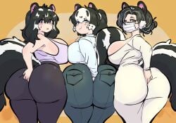 3girls animal_ears ass ass_bigger_than_head big_ass big_breasts big_butt black_hair blue_eyes breast_to_breast breasts brown_eyes butt_digging denim digging_up_in_they_ass dress face_mask facemask female female_only hand_in_ass heart-shaped_pupils jeans looking_at_viewer looking_back looking_back_at_viewer mask masked masked_female milosartses one_eye_closed orange_background pink_eyes ponytail rear_view skunk_ears skunk_girl skunk_tail standing tail two_tone_hair viewed_from_behind white_hair yoga_pants