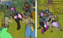 absurd_res after_sex anal anthro bodily_fluids bottomless caught_in_the_act clothed clothing comic_panel cum dialogue english_text equid equine female friendship_is_magic futanari genital_fluids group gynomorph hasbro hi_res horn horse humor intersex juninhooficial male mammal military military_uniform my_little_pony mythological_creature mythological_equine mythology painal pony profanity soldier surrendering text u.s._army unicorn uniform warrior wehrmacht world_war_2