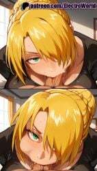1girls 2025 :>= ai_generated artist_name beelzebub_(manga) black_shirt blonde_hair blowjob blowjob_face braid cock cum_in_mouth dick electroworld fellatio female green_eyes hair_over_one_eye hi_res high_quality high_resolution highres hilda_(beelzebub) indoors licking multiple_fellatio multiple_girls oral oral_sex patreon patreon_username penis stable_diffusion straight sucking watermark