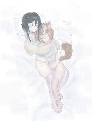 barsik_chiter big_ass closed_eyes crossdressing dog_ears dog_tail eyelashes femboy genshin_impact gorou_(genshin_impact) hugging_another laying_on_bed long_sleeves on_bed panties penis_in_panties sleeping thigh_highs thighs topwear venti_(genshin_impact)