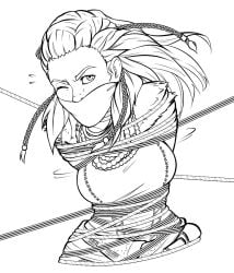 aloy arms_tied_behind_back big_breasts bondage breasts cloth_gag freckles gag gagged horizon_zero_dawn rope_bondage sketch wossarem