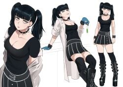 2025 3girls abby_sciuto bangs bedroom_eyes black_boots black_hair black_kneesocks black_shirt black_shoes black_skirt black_t-shirt blunt_bangs blunt_ends boots bracelet breasts cleavage closed_mouth closed_mouth_smile clothed collar colored digital_media_(artwork) eyebags eyeshadow eyewear full_body gloves goggles goth goth_girl green_eyes half-closed_eyes high-angle_view holding_object holding_test_tube jourd4n kneesocks lab_coat labcoat latex_gloves leaning leaning_back leaning_on_object leaning_on_table lipstick looking_at_viewer looking_up looking_up_at_viewer medium_breasts medium_hair multiple_outfits multiple_poses multiple_views ncis necklace open_mouth pale-skinned_female pale_skin pauley_perrette pinup platform_boots platform_heels red_lipstick relaxed safety_goggles scientist shirt_tucked_in simple_background skirt smile smiling_at_viewer spiked_bracelet spiked_collar standing t-shirt test_tube tied_hair tilted_head twintails undressing undressing_self white_background white_coat